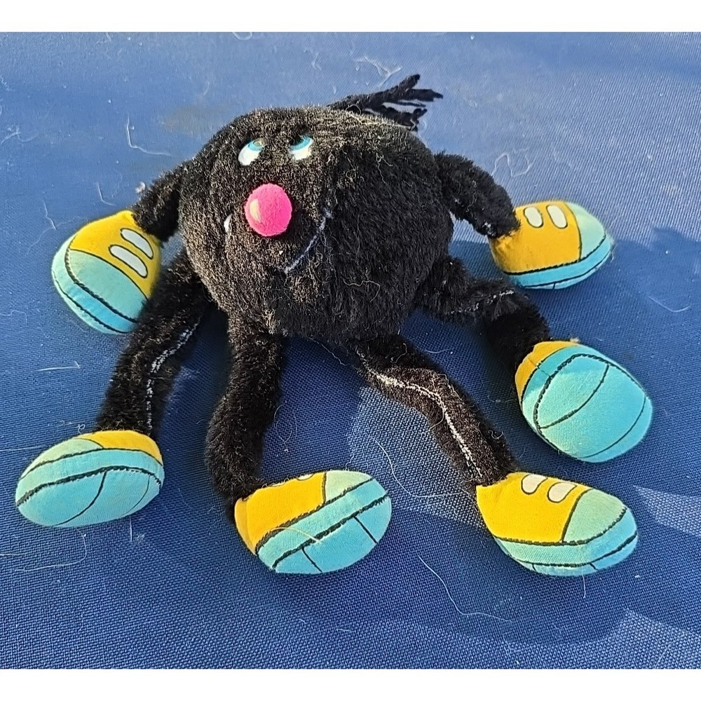 Vtg Acme Black Insect Bug Spider Plush Stuffed Animal Blue Yellow Sneakers Shoes